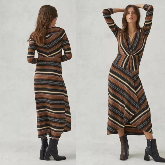 Maeve Anthropologie Striped Wrap Midi Dress Women’s Size Small Long Sleeve Brown - Picture 1 of 9